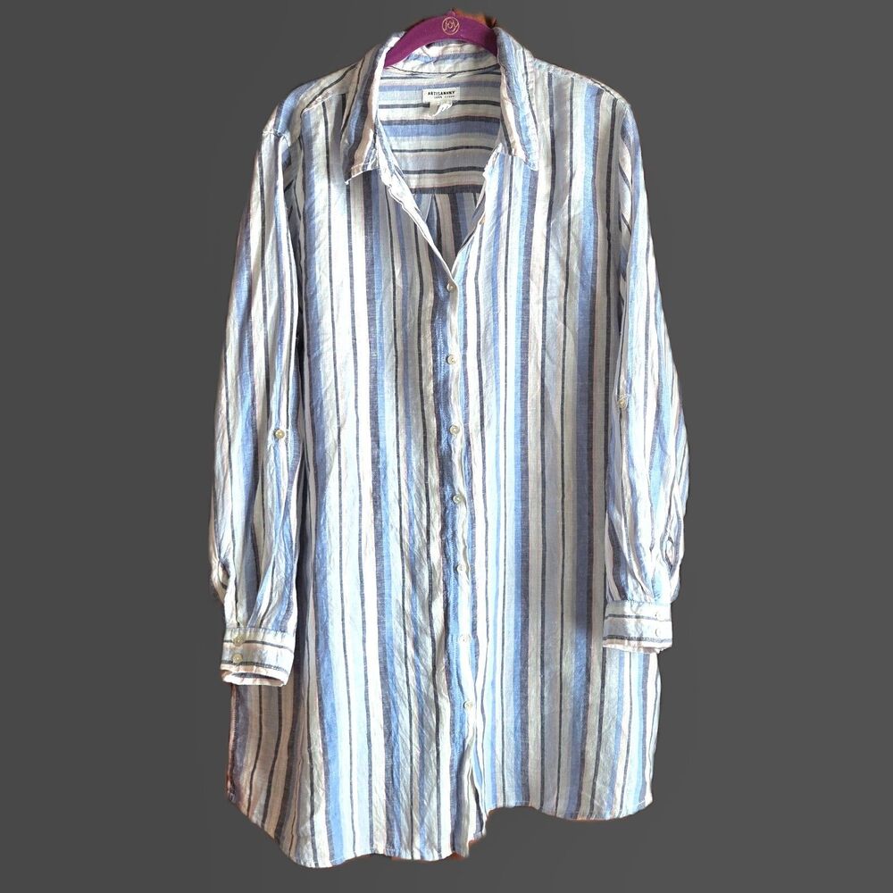 100% Linen Artisan NY Long Sleeve Blouse  Blue White Stripe Boho Cottagecore